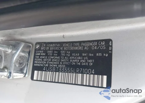 2005 BMW Z4 2.5I из США, поврежденный, VIN 4USBT33555LR71004